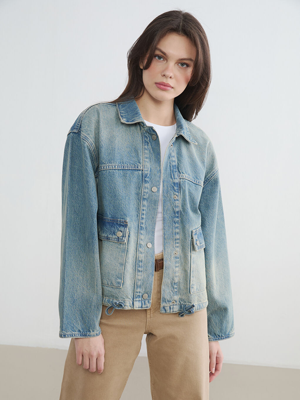 İndigo Gömlek Yaka Oversize Kadın Jean Ceket