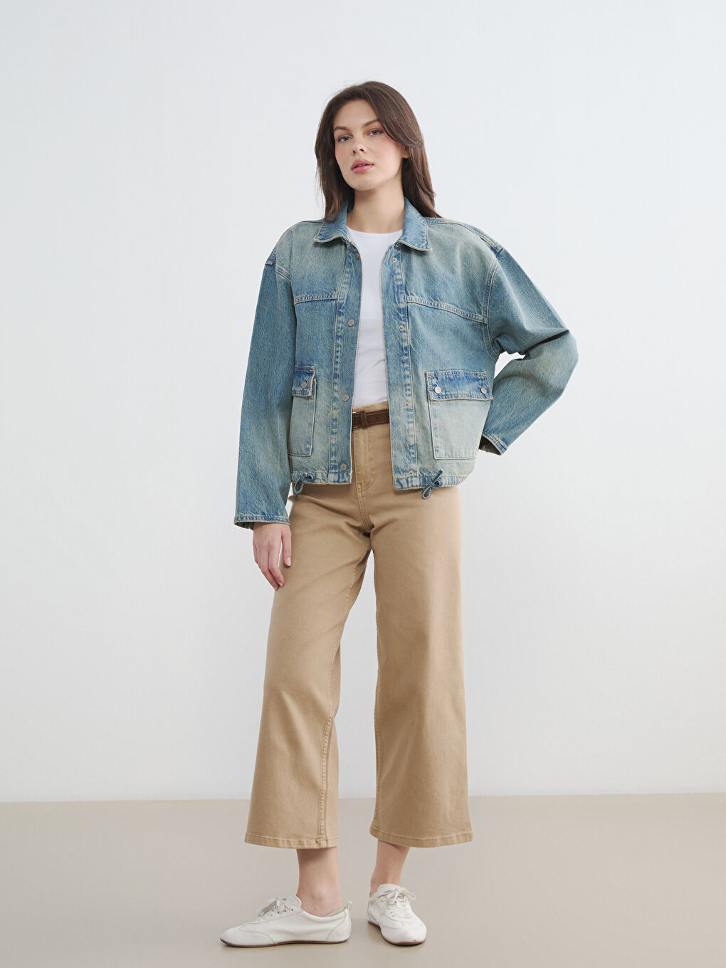 İndigo Gömlek Yaka Oversize Kadın Jean Ceket-1