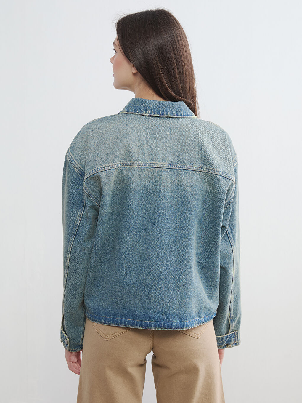 İndigo Gömlek Yaka Oversize Kadın Jean Ceket-3