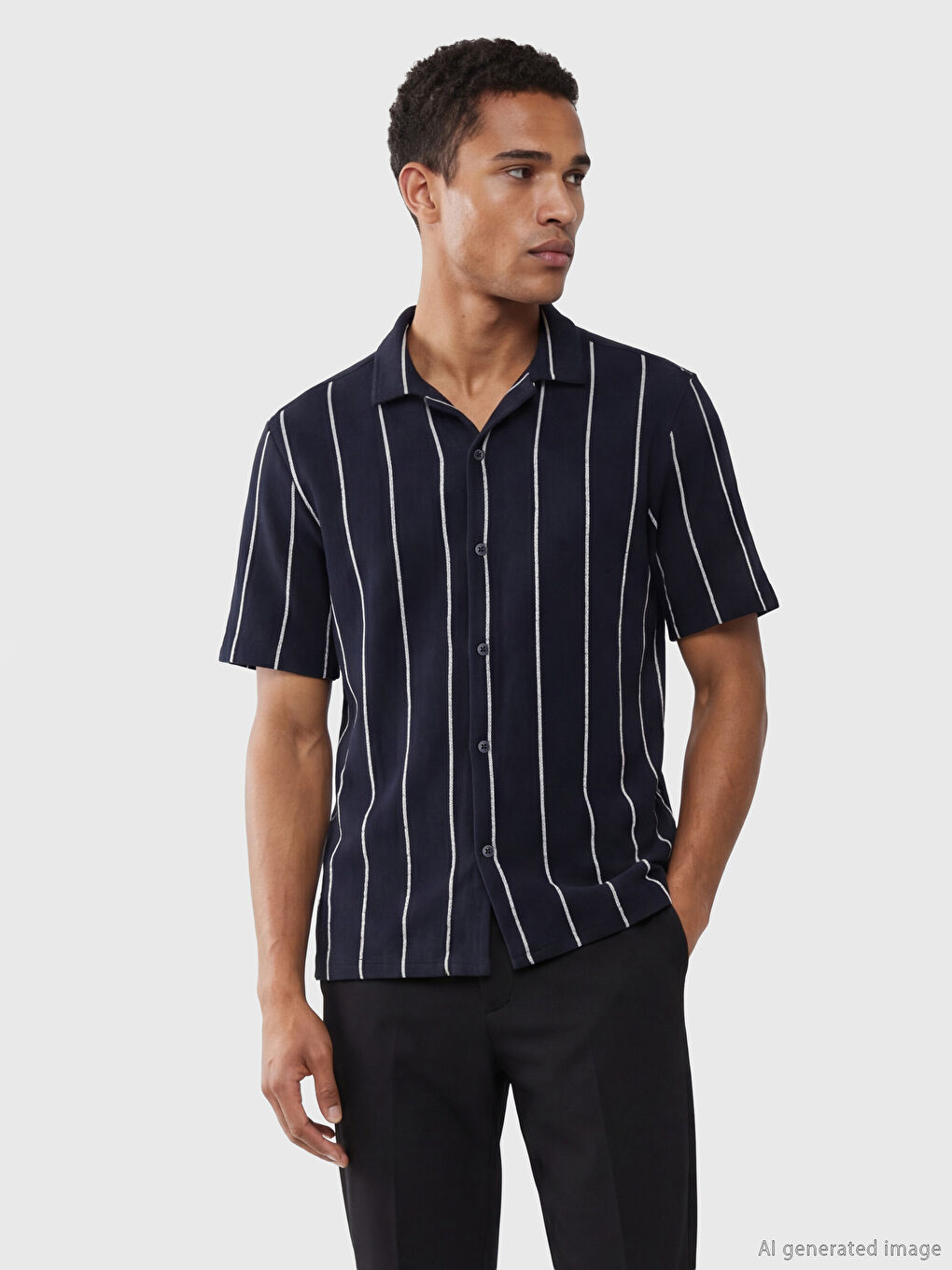 Lacivert Regular Fit Kısa Kollu Çizgili Erkek Gömlek	