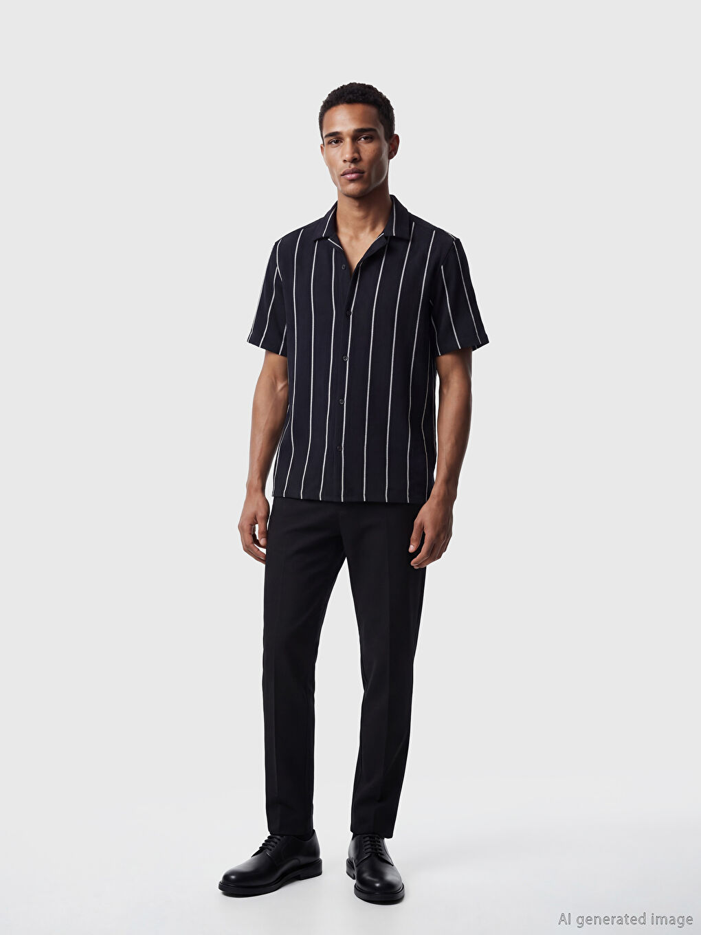 Lacivert Regular Fit Kısa Kollu Çizgili Erkek Gömlek	-1