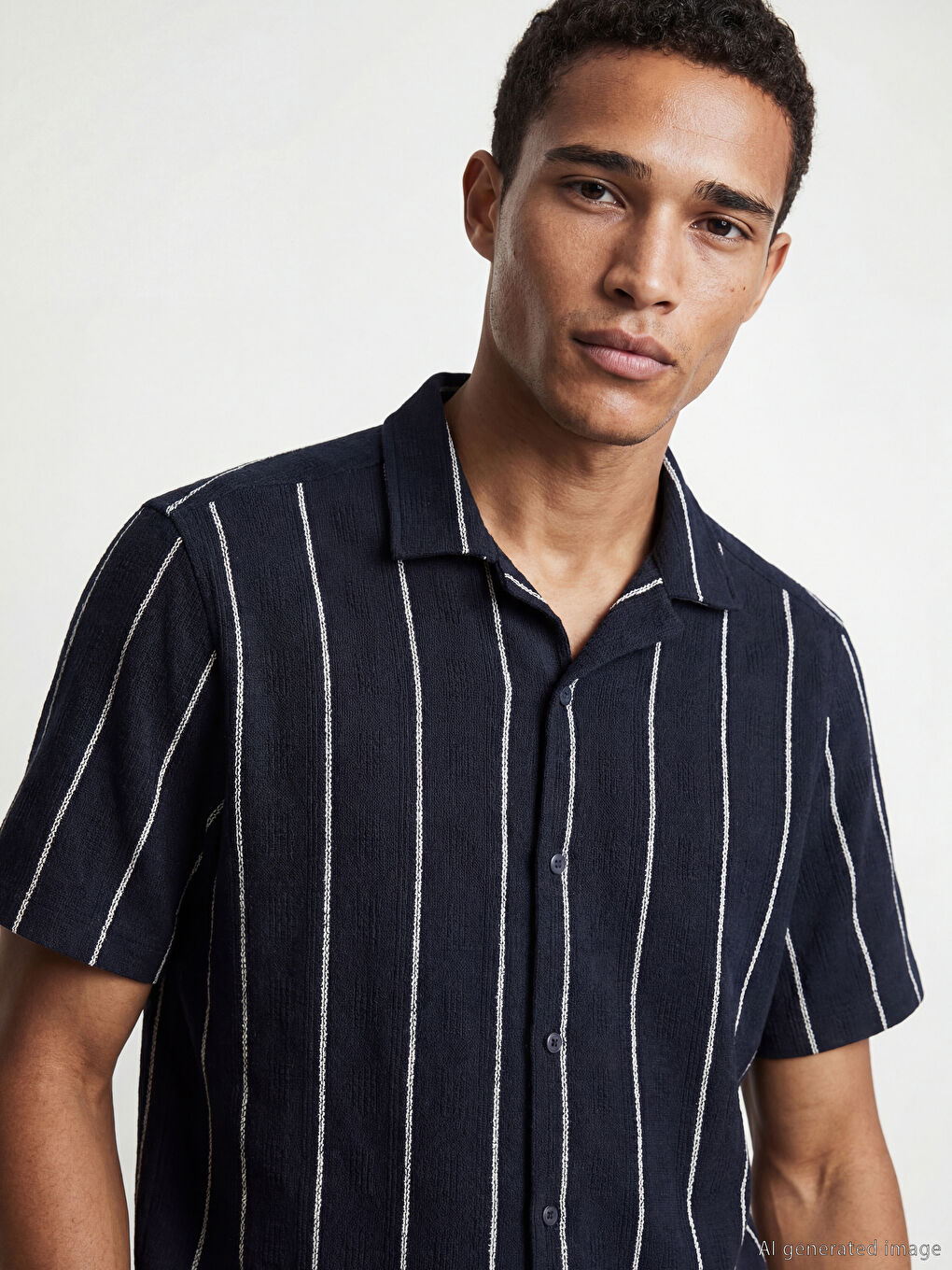 Lacivert Regular Fit Kısa Kollu Çizgili Erkek Gömlek	-2