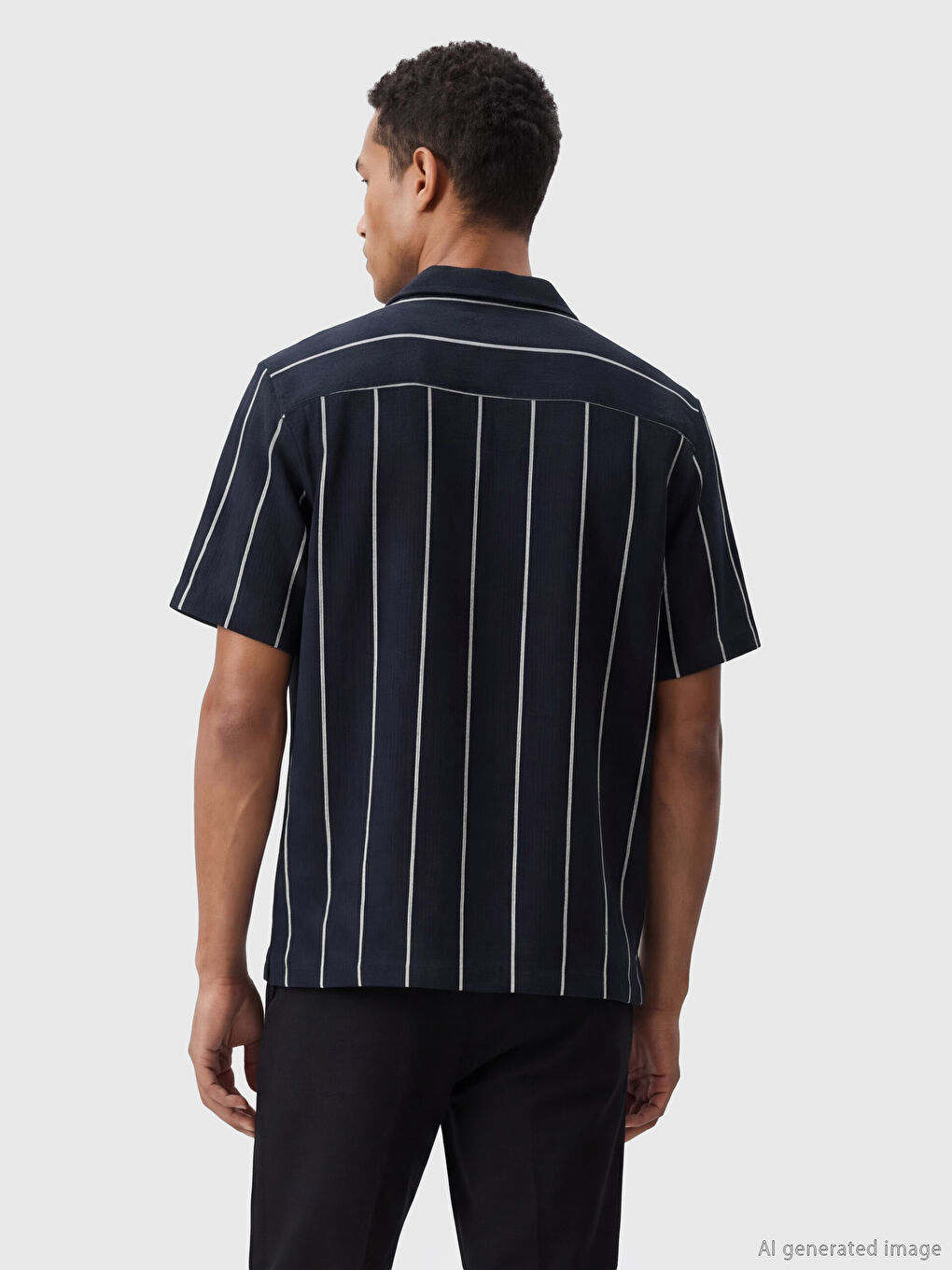 Lacivert Regular Fit Kısa Kollu Çizgili Erkek Gömlek	-3