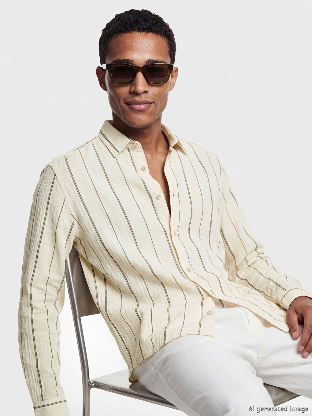 Haki Regular Fit Çizgili Armürlü Erkek Gömlek