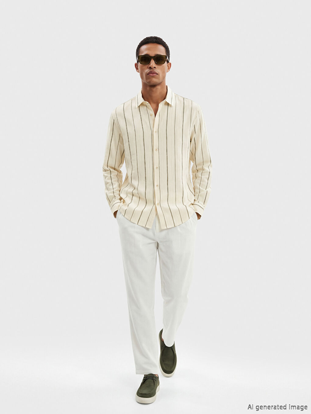 Haki Regular Fit Çizgili Armürlü Erkek Gömlek-1