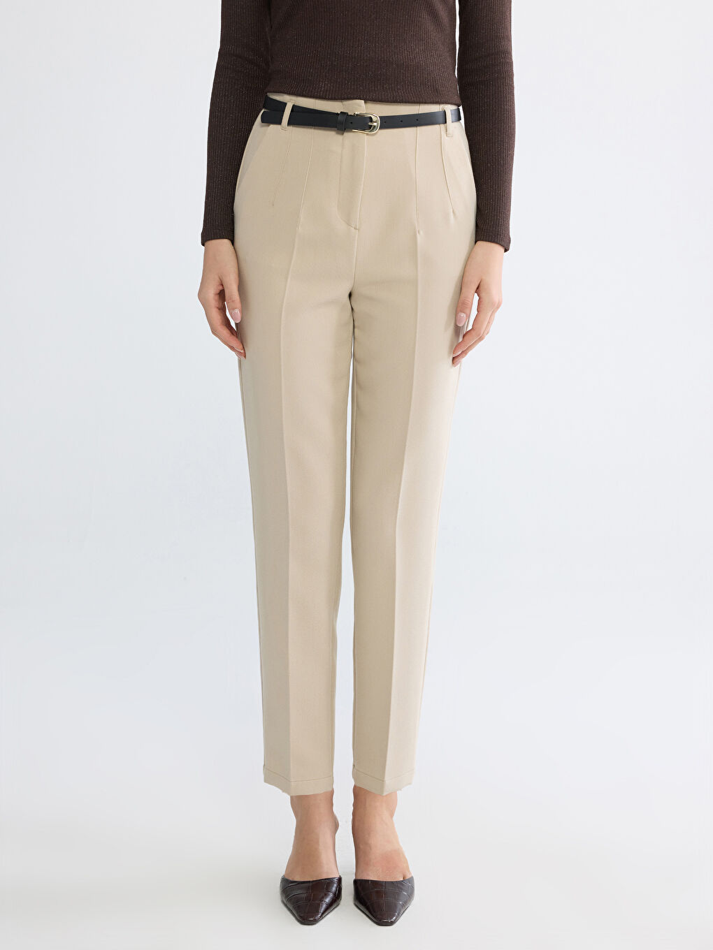 Bej Beli Kemerli Kadın Cigarette Pantolon-1