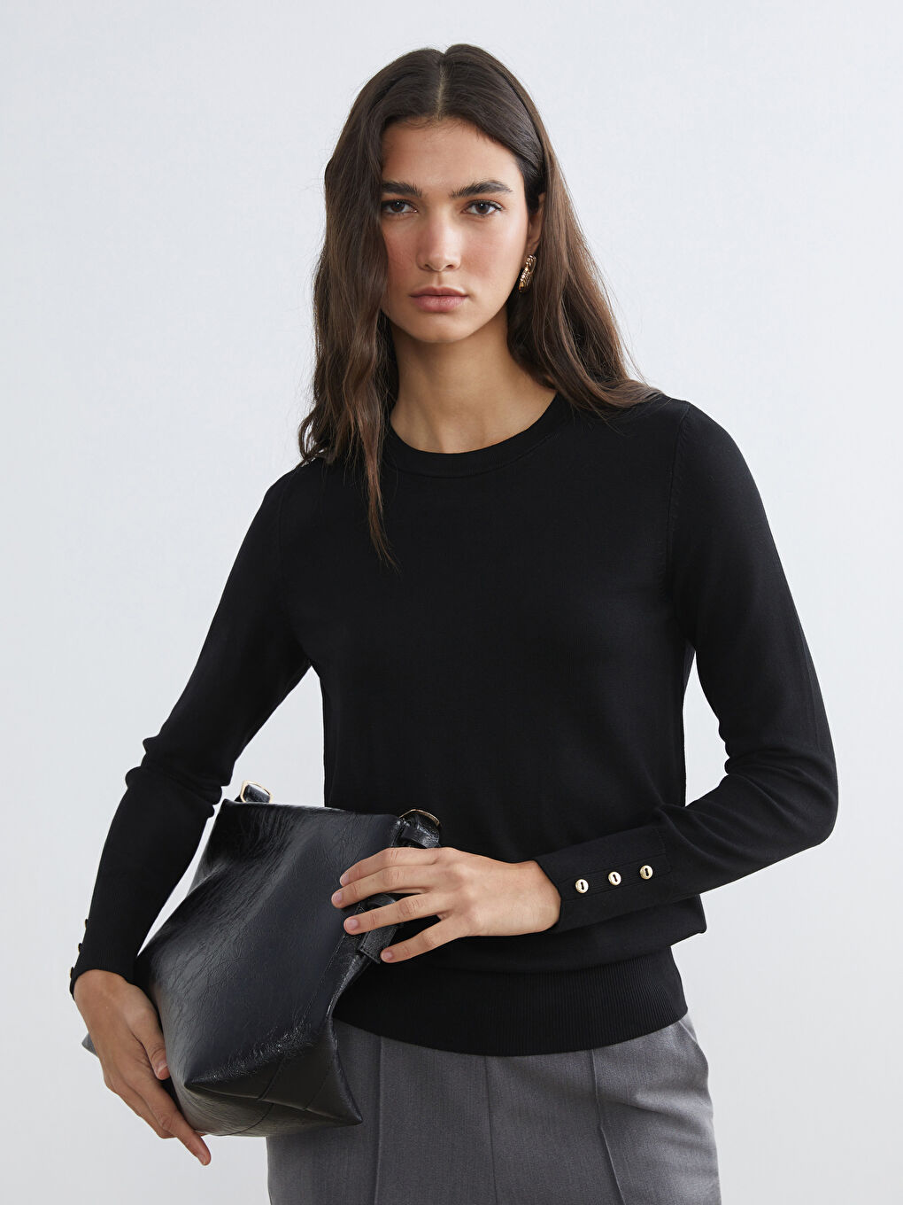 Siyah Bisiklet Yaka Kadın Triko Kazak