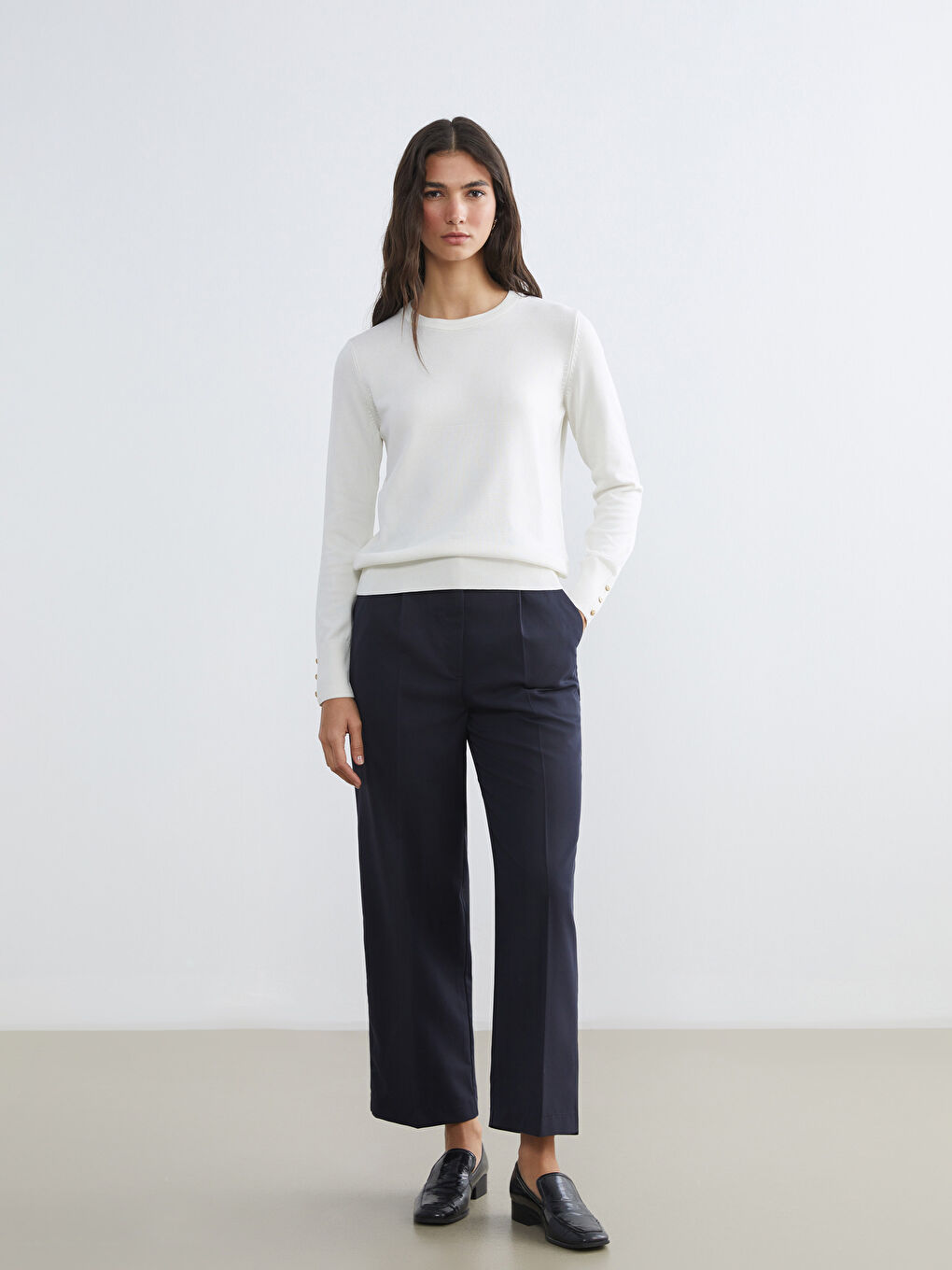 Ekru Bisiklet Yaka Kadın Triko Kazak-1