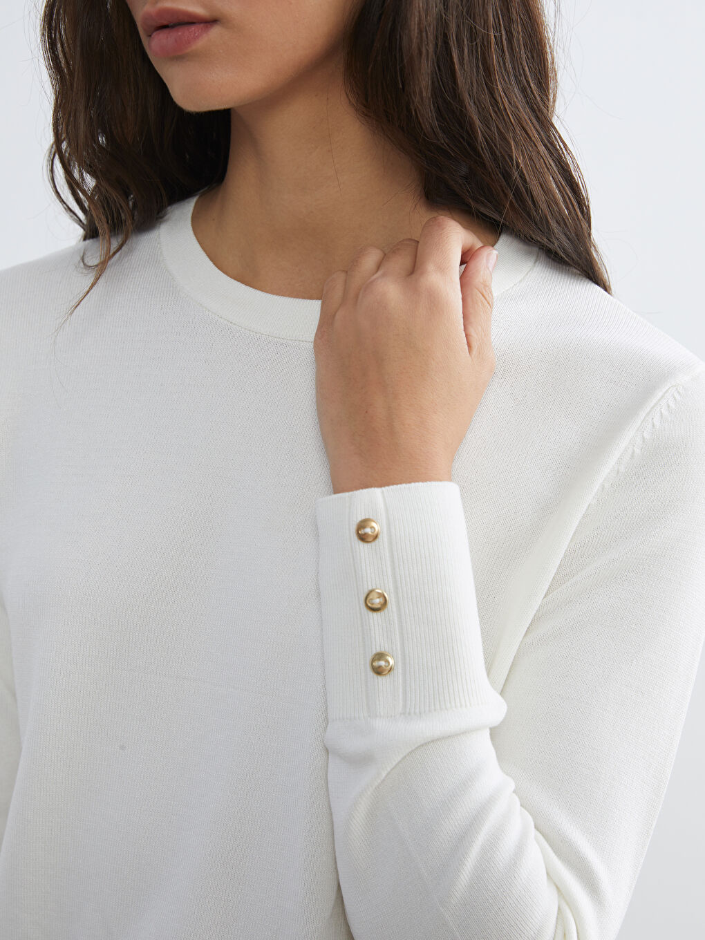 Ekru Bisiklet Yaka Kadın Triko Kazak-2