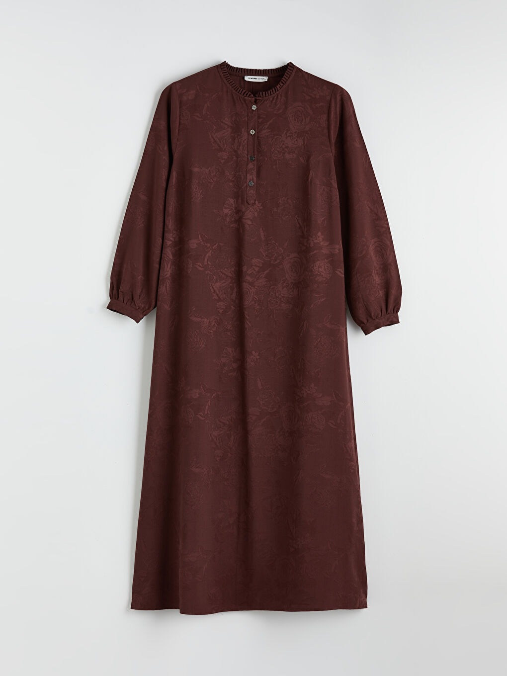 Bordo Hakim Yaka Fırfırlı Desenli Elbise