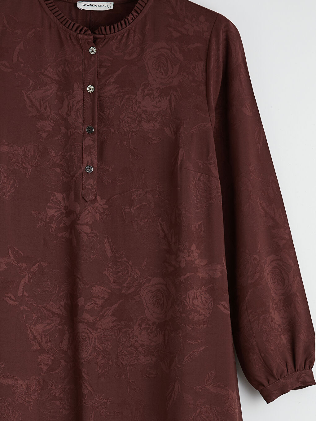 Bordo Hakim Yaka Fırfırlı Desenli Elbise-1