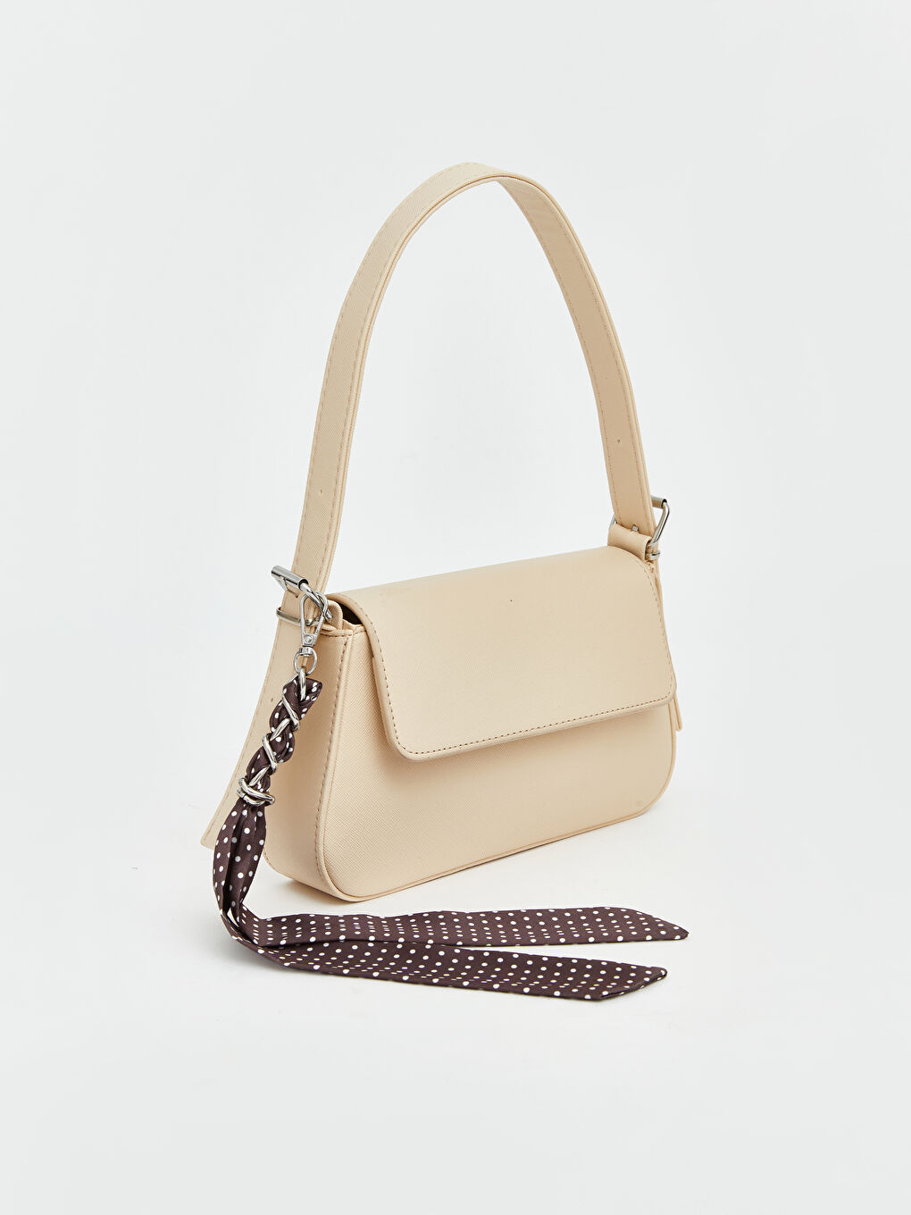 Bej Fular Aksesuarlı Deri Görünümlü Kadın Omuz Çantası-1
