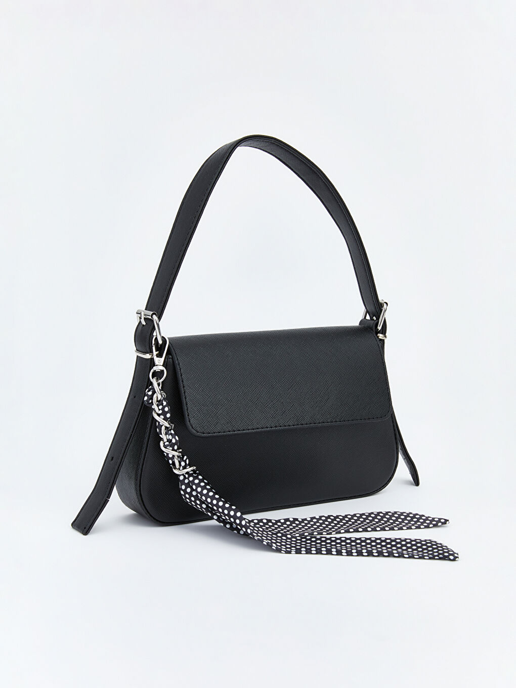 Siyah Puantiyeli Fular Detaylı Kadın Omuz Çantası-1