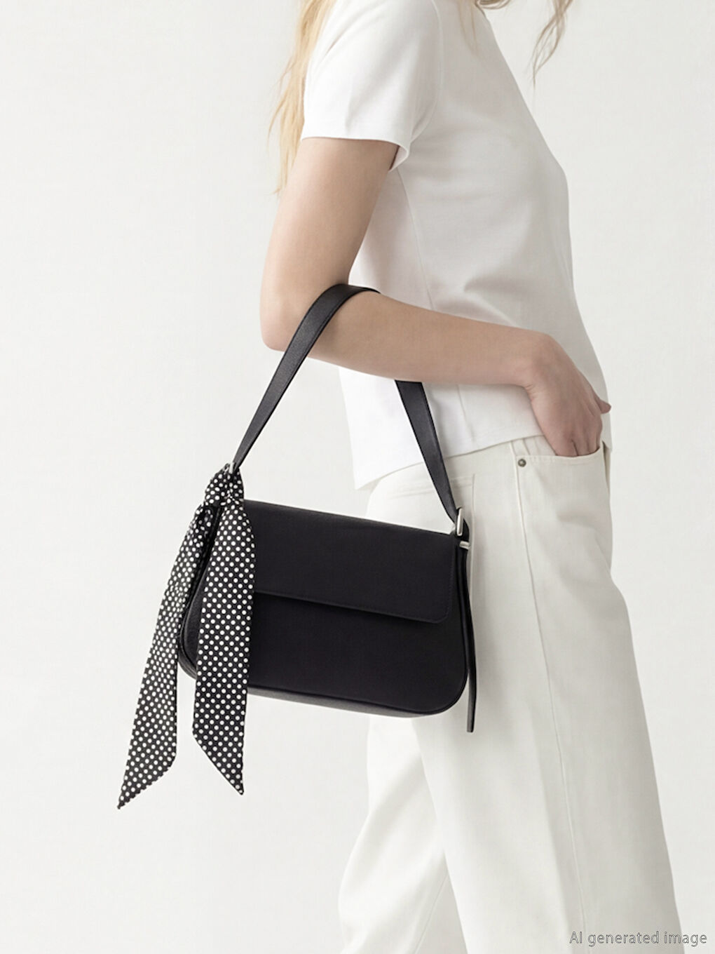 Siyah Fular Aksesuarlı Deri Görünümlü Kadın Omuz Çantası