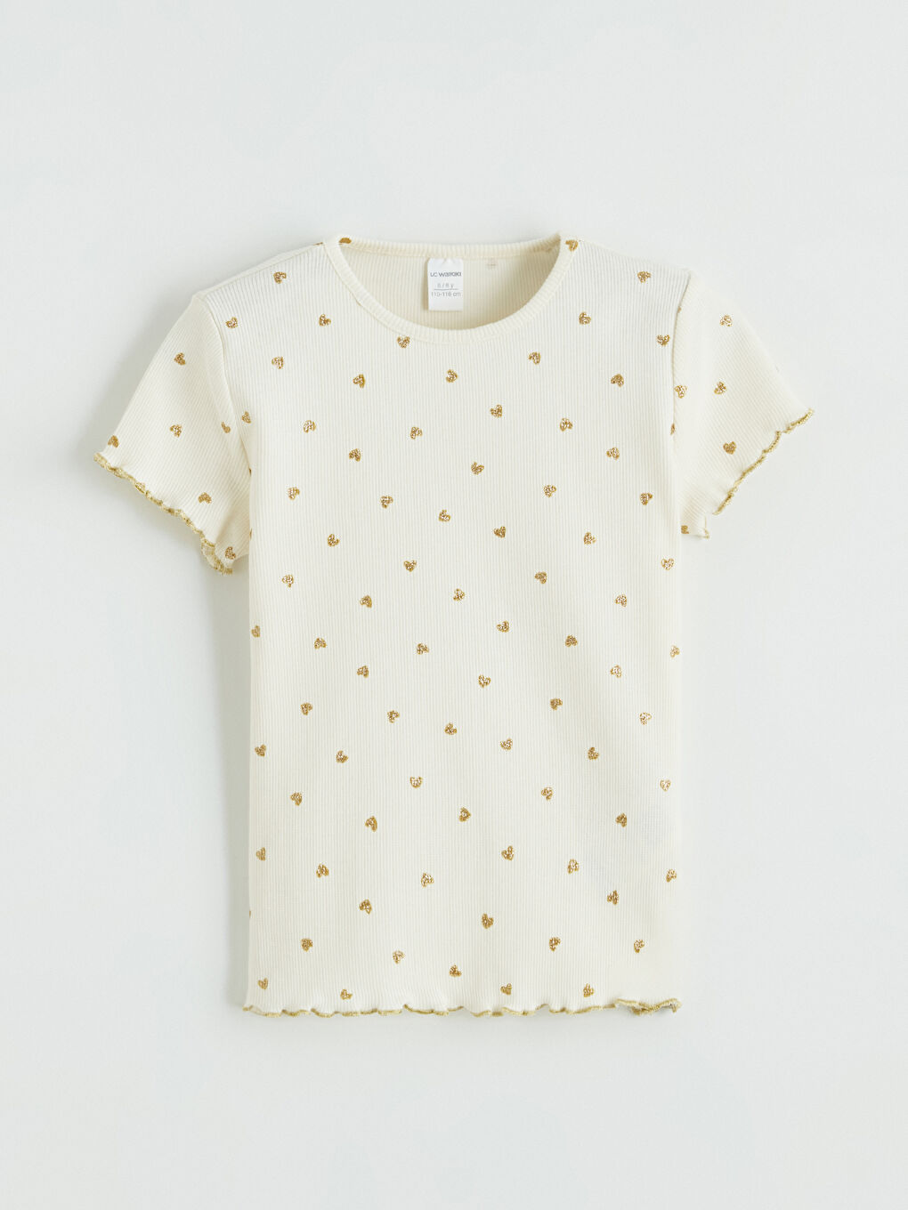 Ekru Kalp Desenli Kız Çocuk Fitilli Tişört