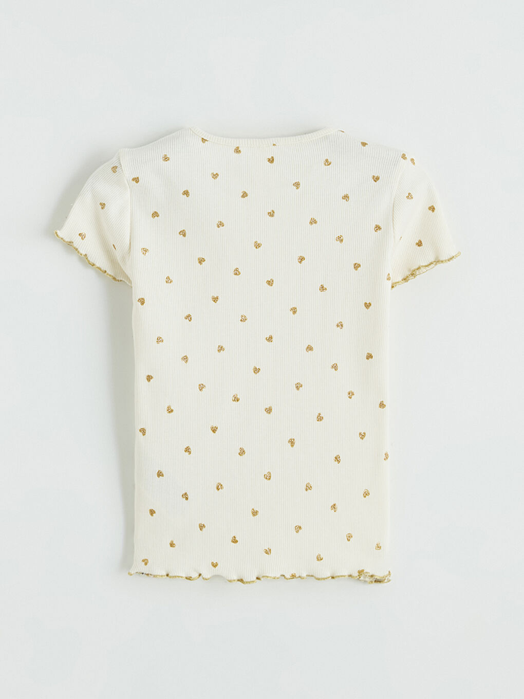 Ekru Kalp Desenli Kız Çocuk Fitilli Tişört-2