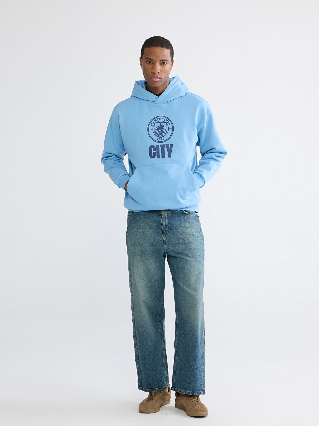 Mavi Manchester City Baskılı Erkek Hoodie-1