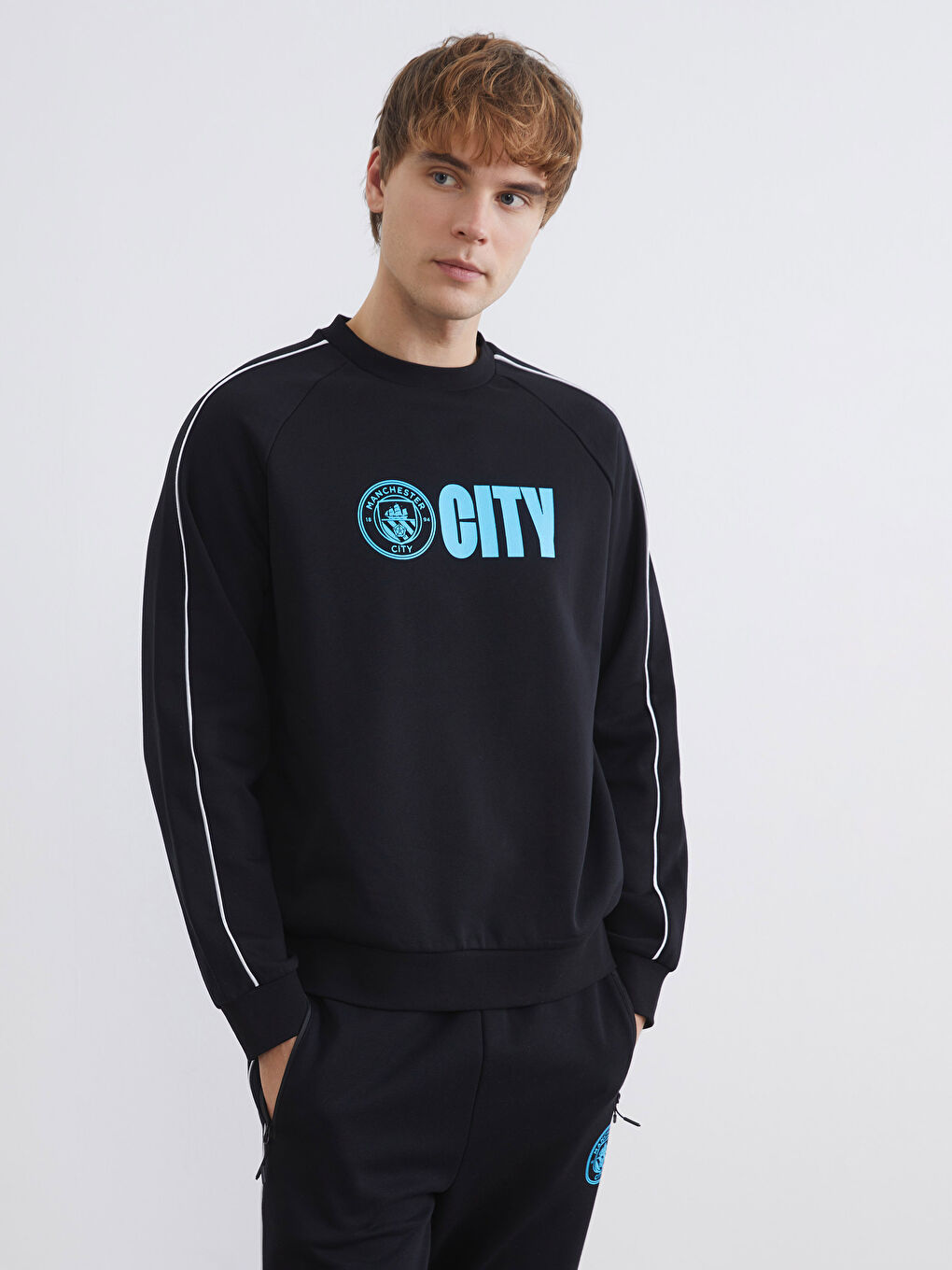 Siyah Bisiklet Yaka Manchester City Baskılı Erkek Sweatshirt