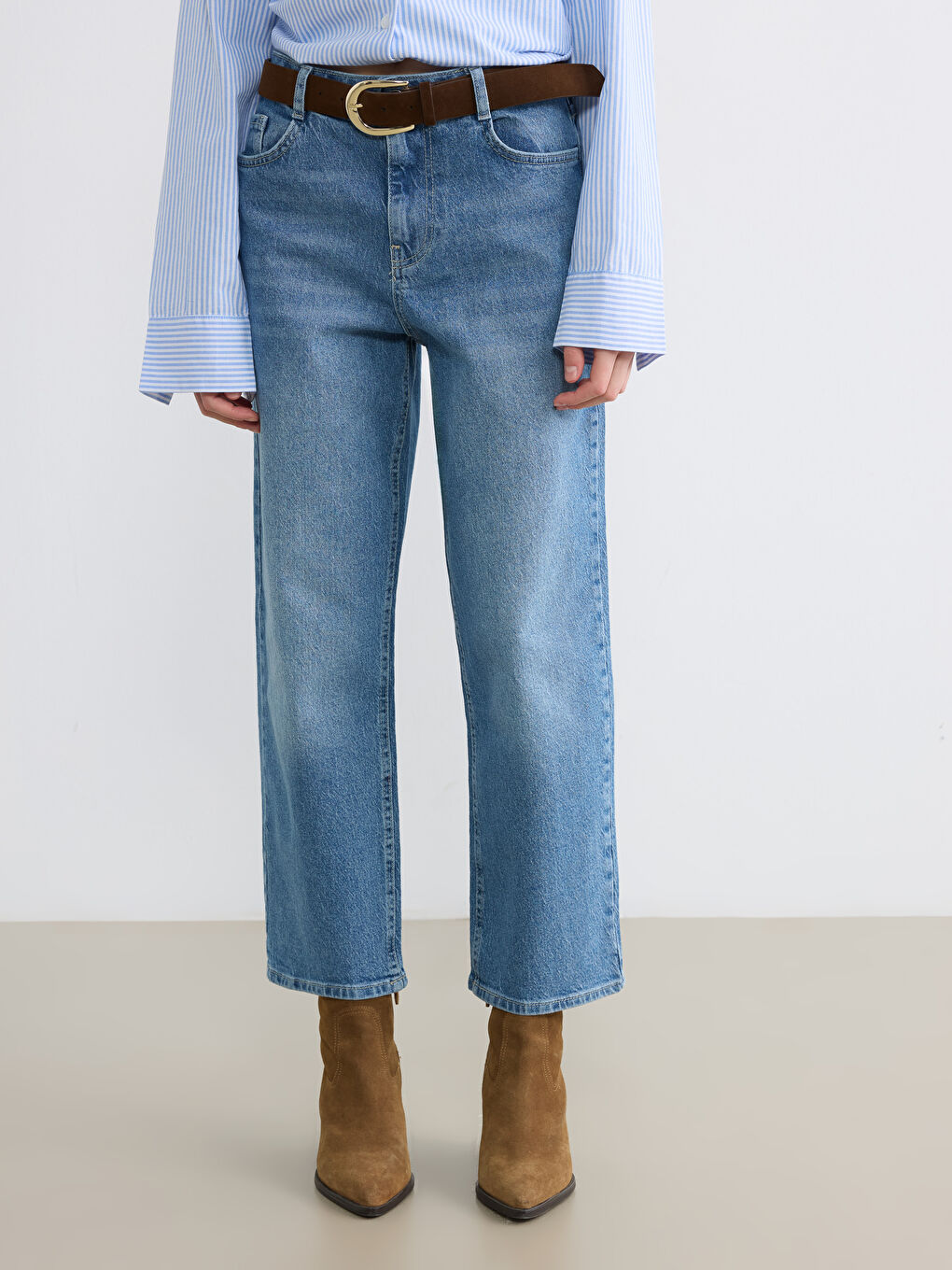 Mavi Beli Kemerli Wideleg Kadın Jean Pantolon-1