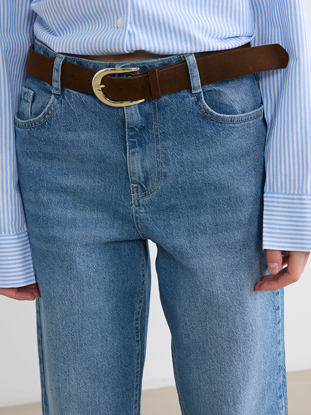 Mavi Beli Kemerli Wideleg Kadın Jean Pantolon-2