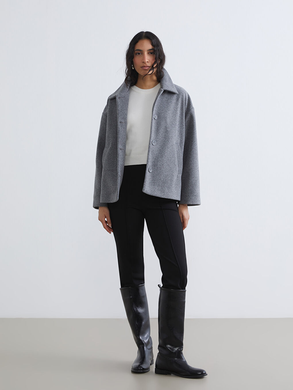 Antrasit Gömlek Yaka Oversize Kadın Kaşe Kaban-1