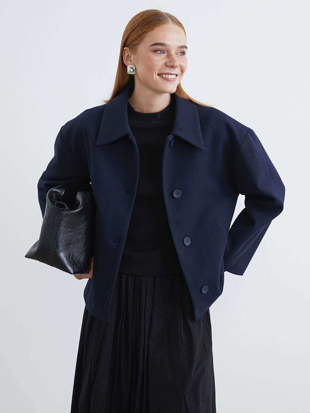 Lacivert Gömlek Yaka Oversize Kadın Kaşe Kaban