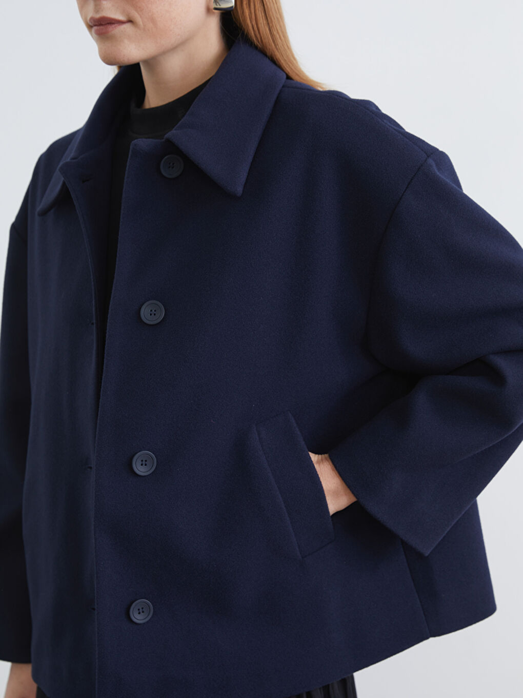 Lacivert Gömlek Yaka Oversize Kadın Kaşe Kaban-2