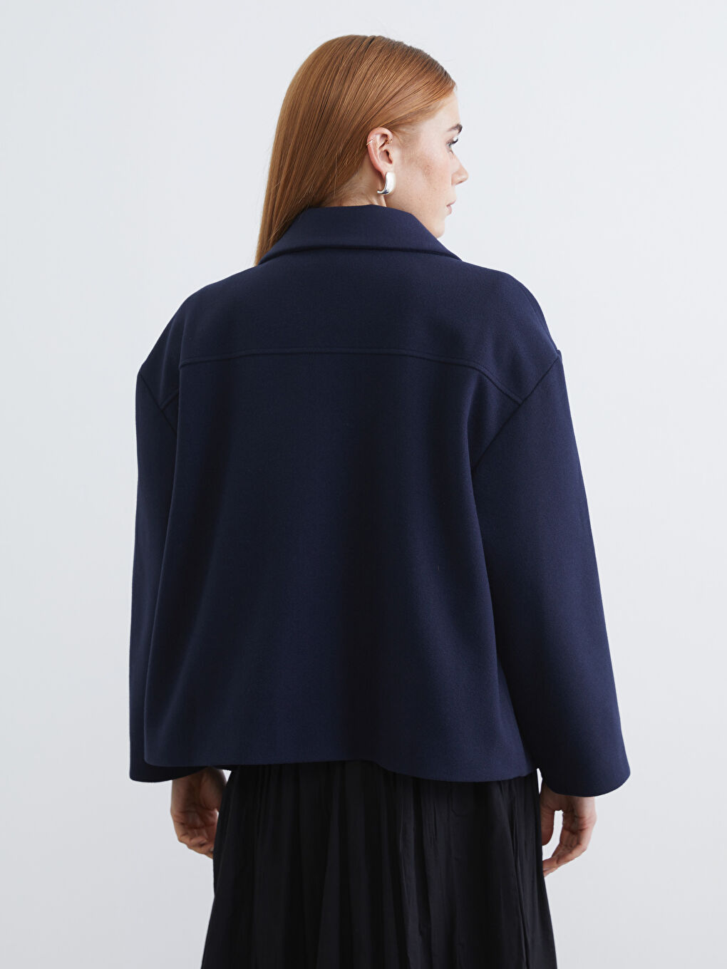 Lacivert Gömlek Yaka Oversize Kadın Kaşe Kaban-4