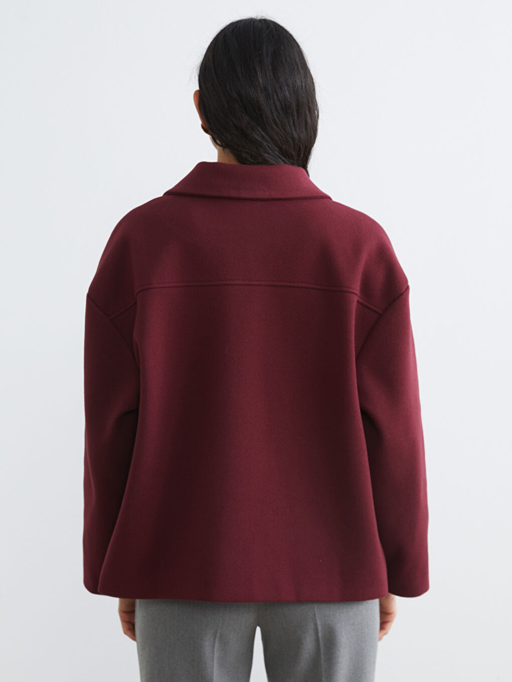 Bordo Gömlek Yaka Oversize Kadın Kaşe Kaban-4