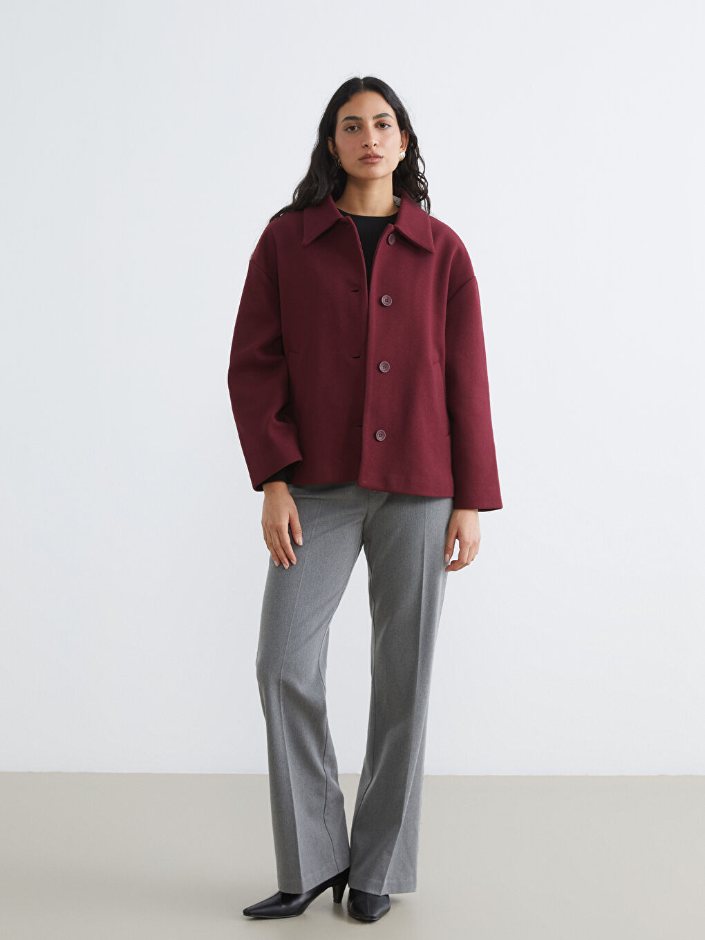 Bordo Gömlek Yaka Oversize Kadın Kaşe Kaban-1