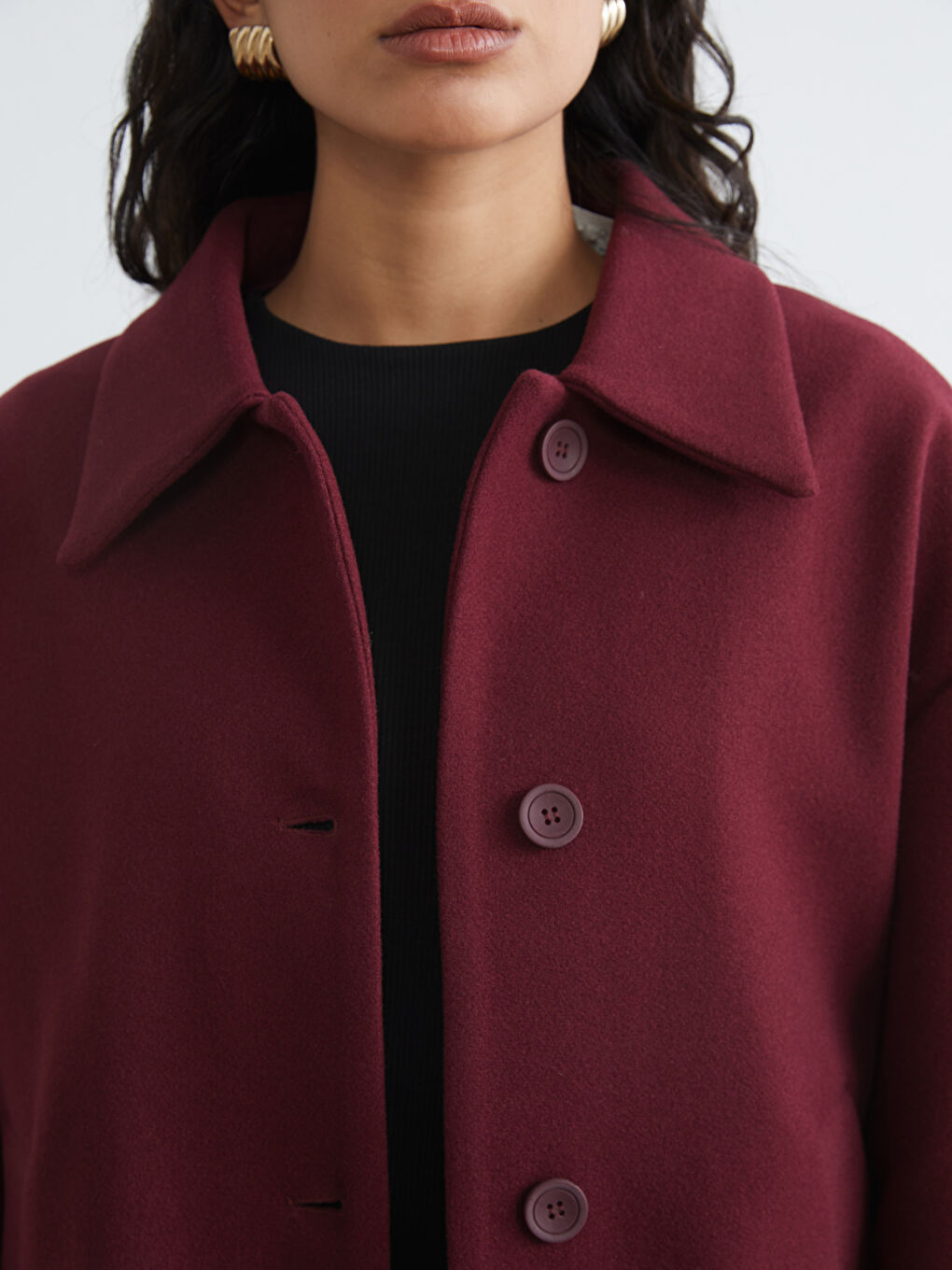 Bordo Gömlek Yaka Oversize Kadın Kaşe Kaban-2