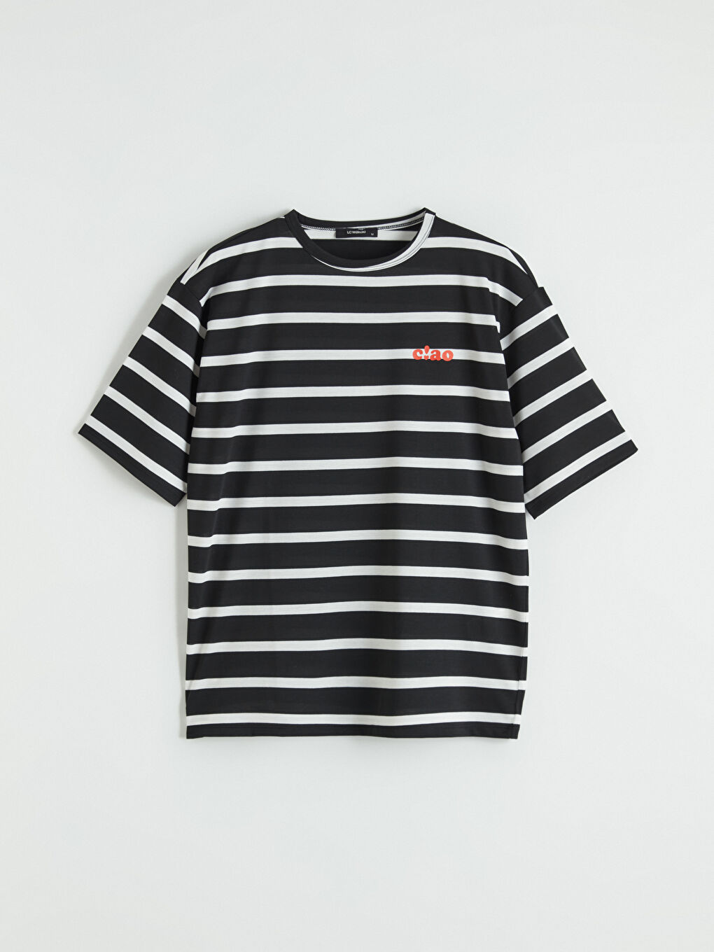 Siyah Bisiklet Yaka Çizgili Oversize Kadın Tişört-4