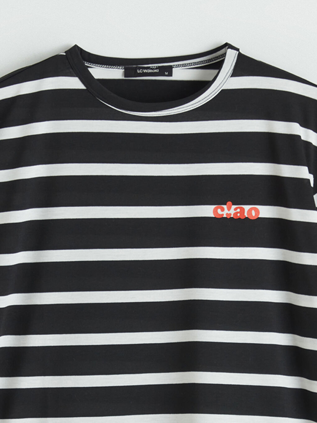 Siyah Bisiklet Yaka Çizgili Oversize Kadın Tişört-5