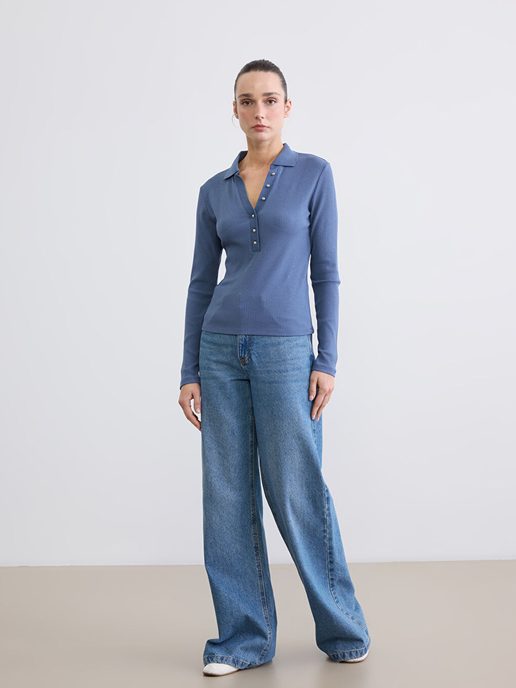 İndigo Polo Yaka Fitilli Kadın Body-1