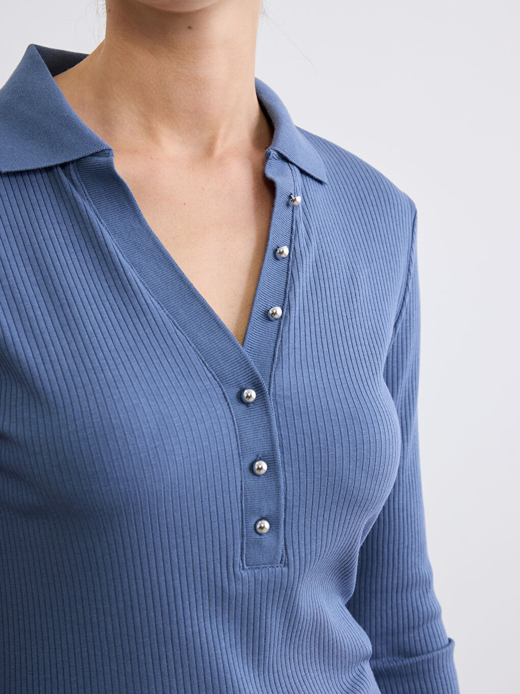 İndigo Polo Yaka Fitilli Kadın Body-2