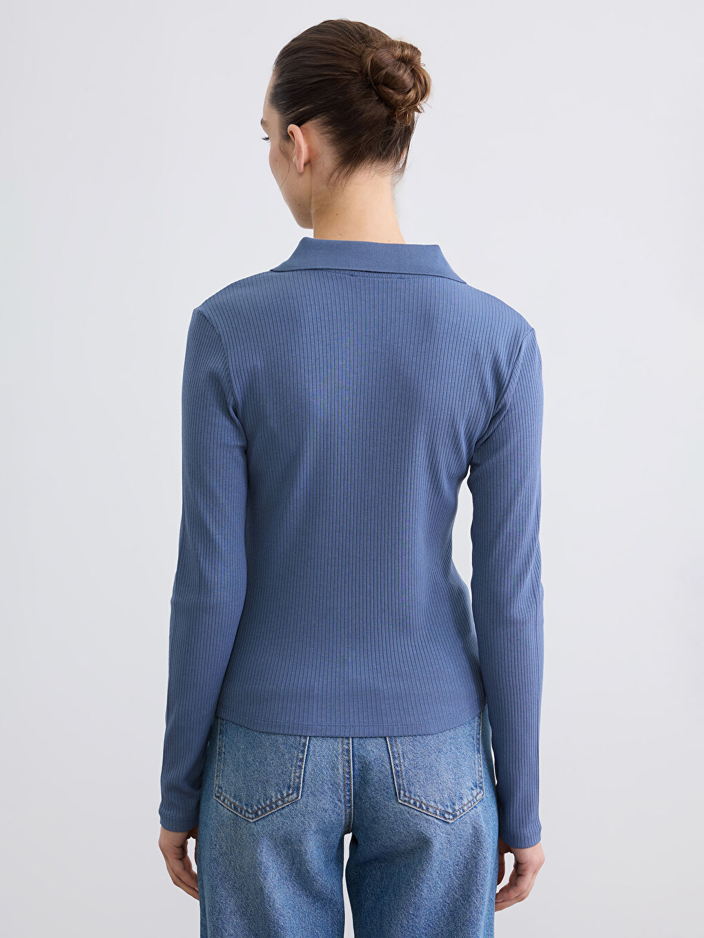 İndigo Polo Yaka Fitilli Kadın Body-3