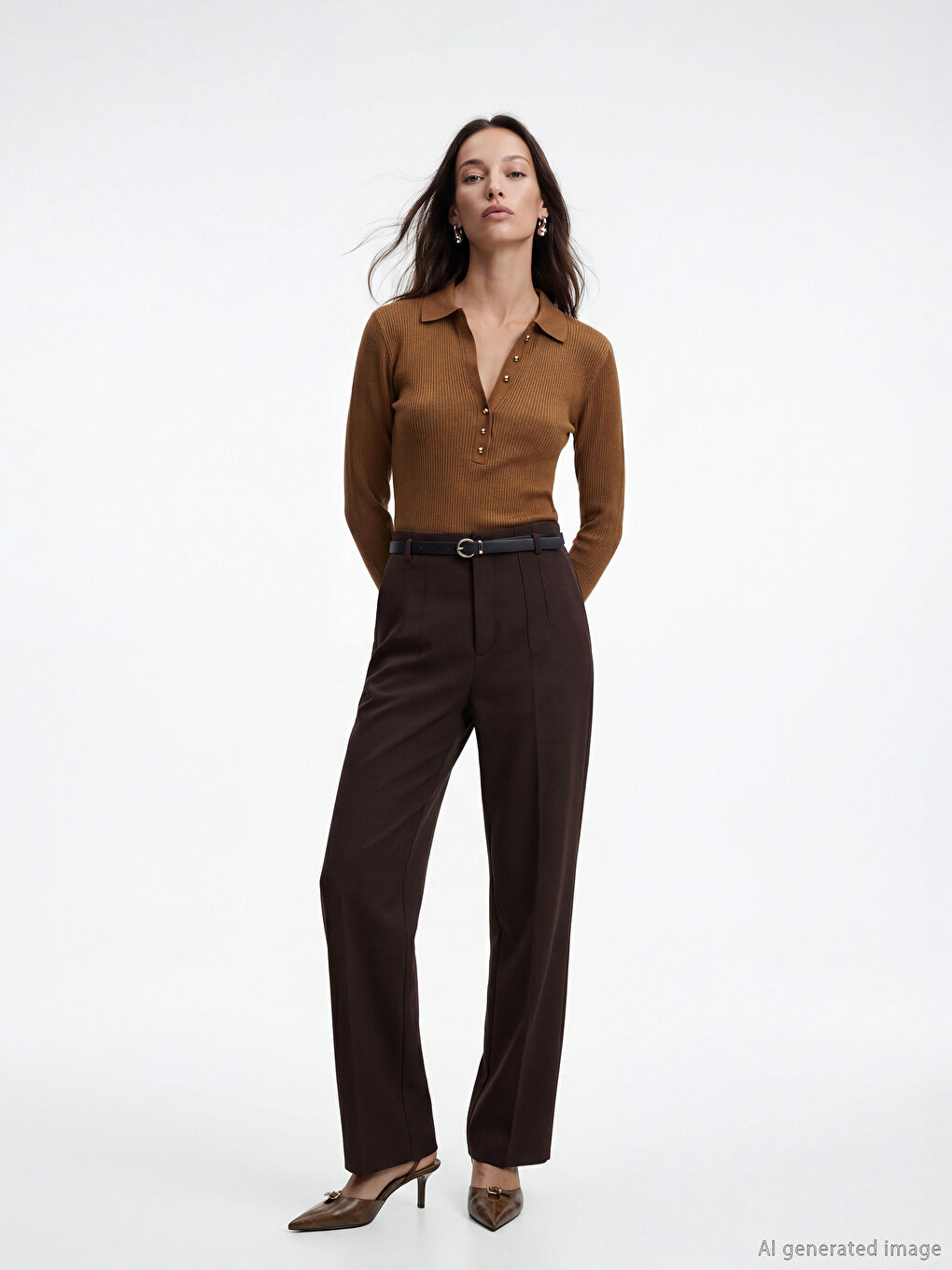 Kahverengi Polo Yaka Kadın Triko Body-1