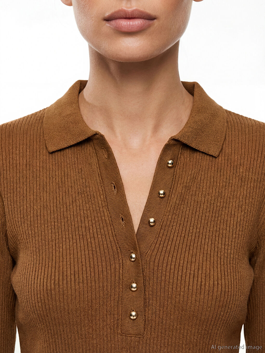 Kahverengi Polo Yaka Kadın Triko Body-2