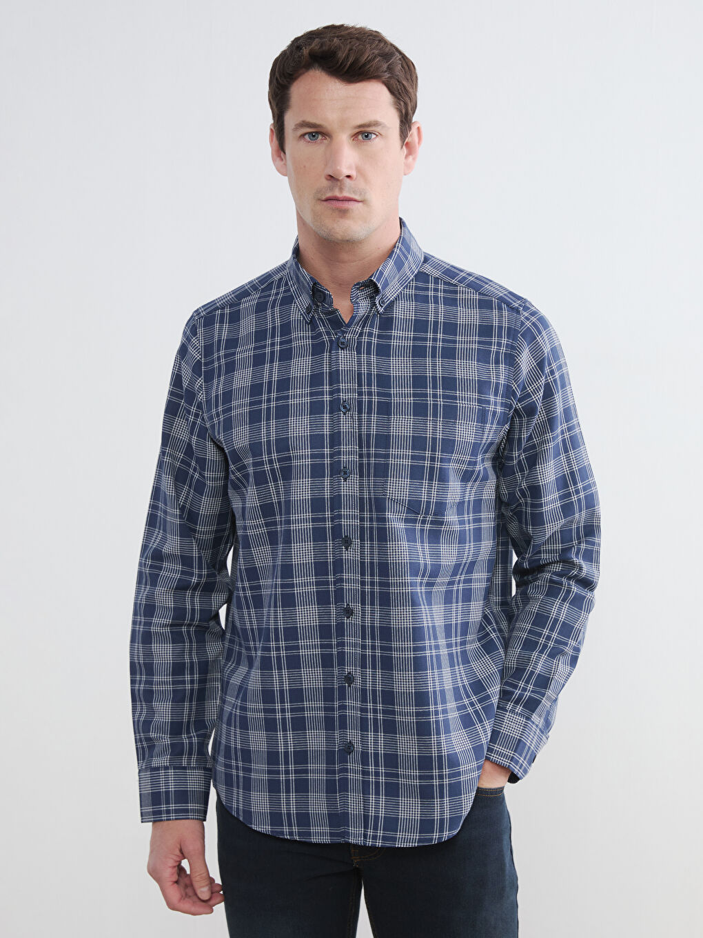 Lacivert Regular Fit Ekose Gabardin Erkek Gömlek