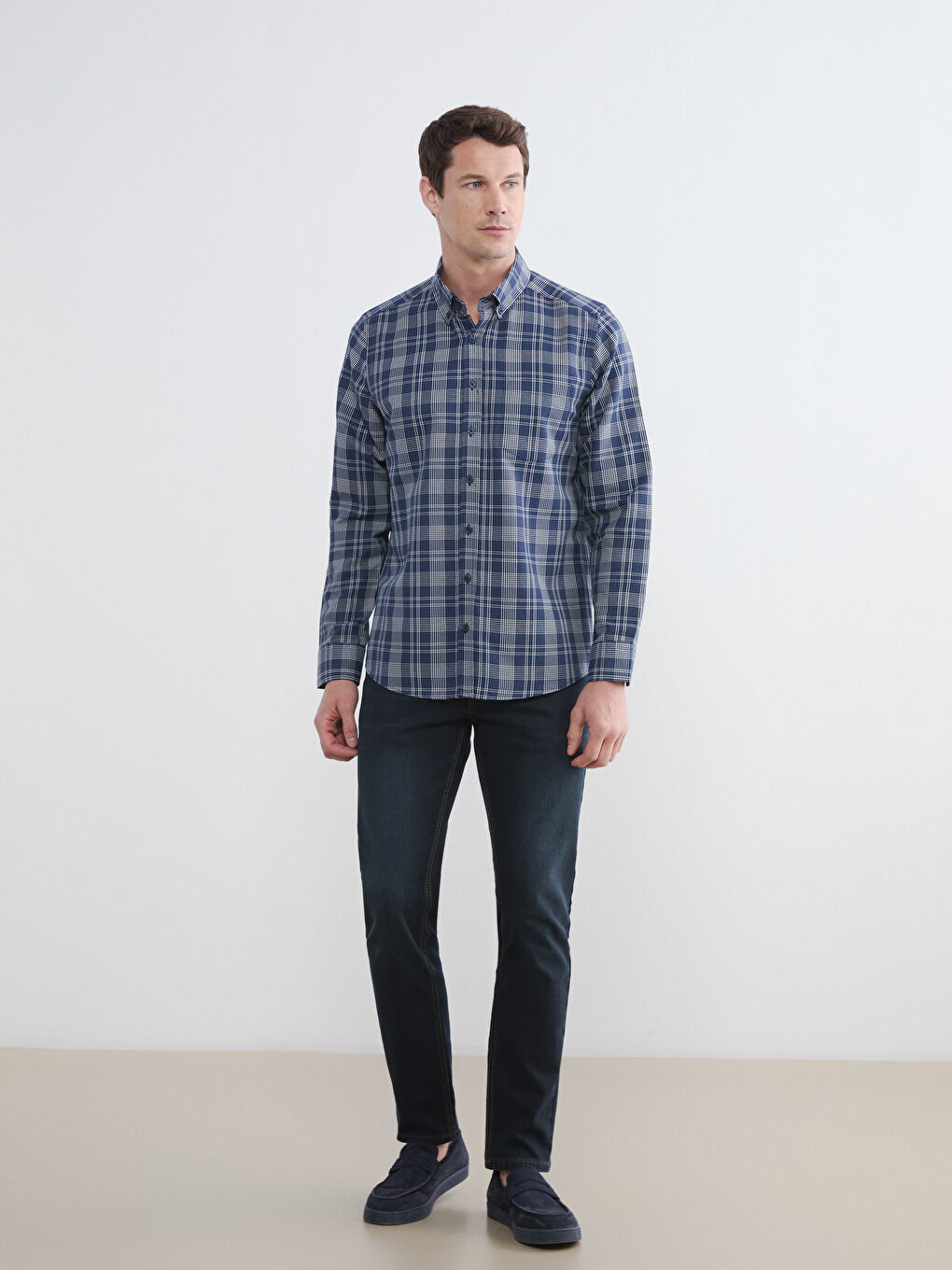 Lacivert Regular Fit Ekose Gabardin Erkek Gömlek-1