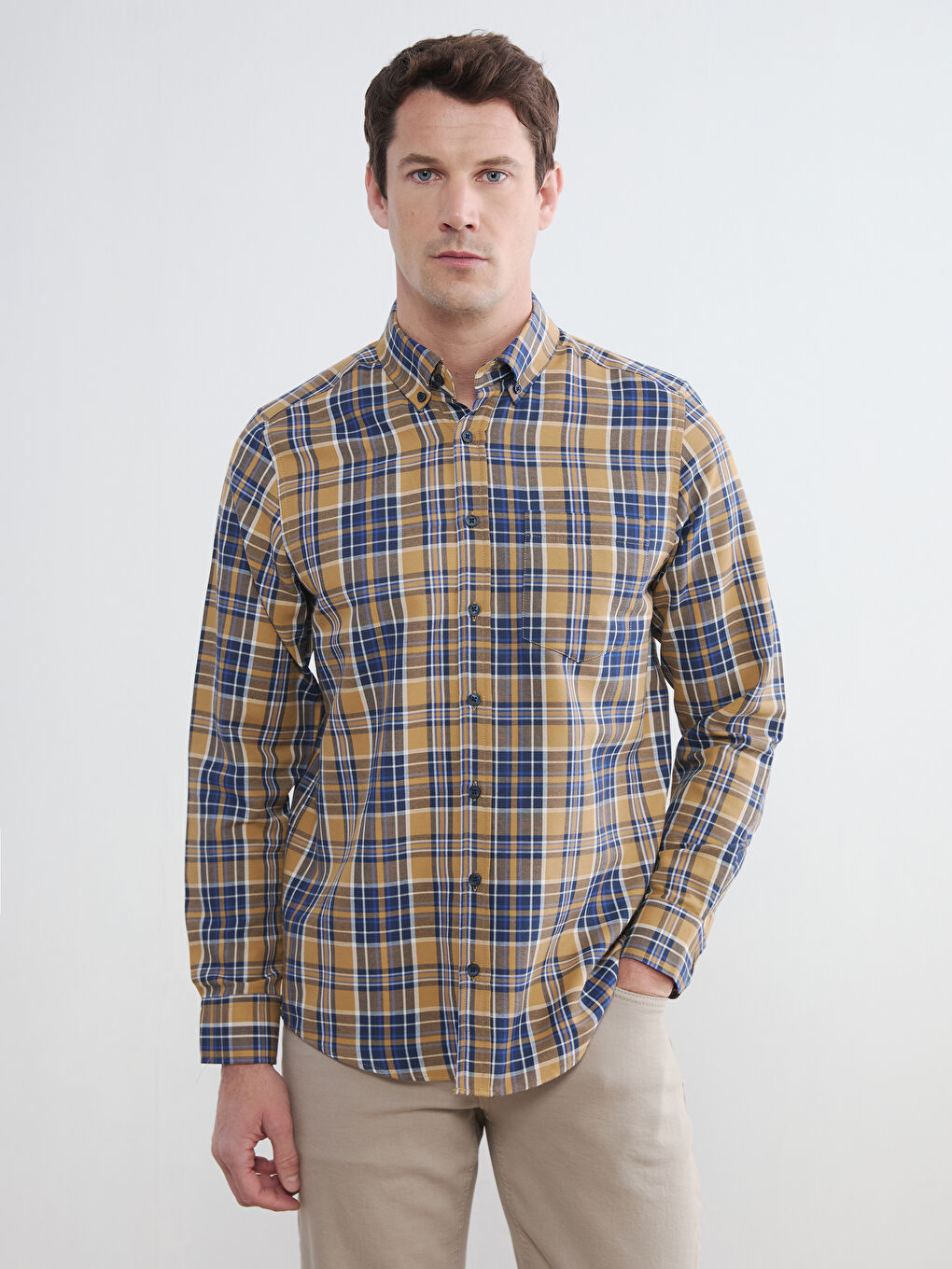 Sarı Regular Fit Ekose Desenli Gabardin Erkek Gömlek	