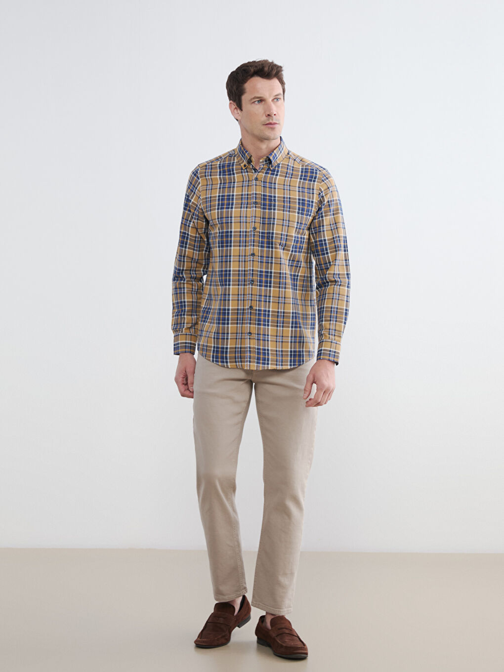 Sarı Regular Fit Ekose Desenli Gabardin Erkek Gömlek	-1