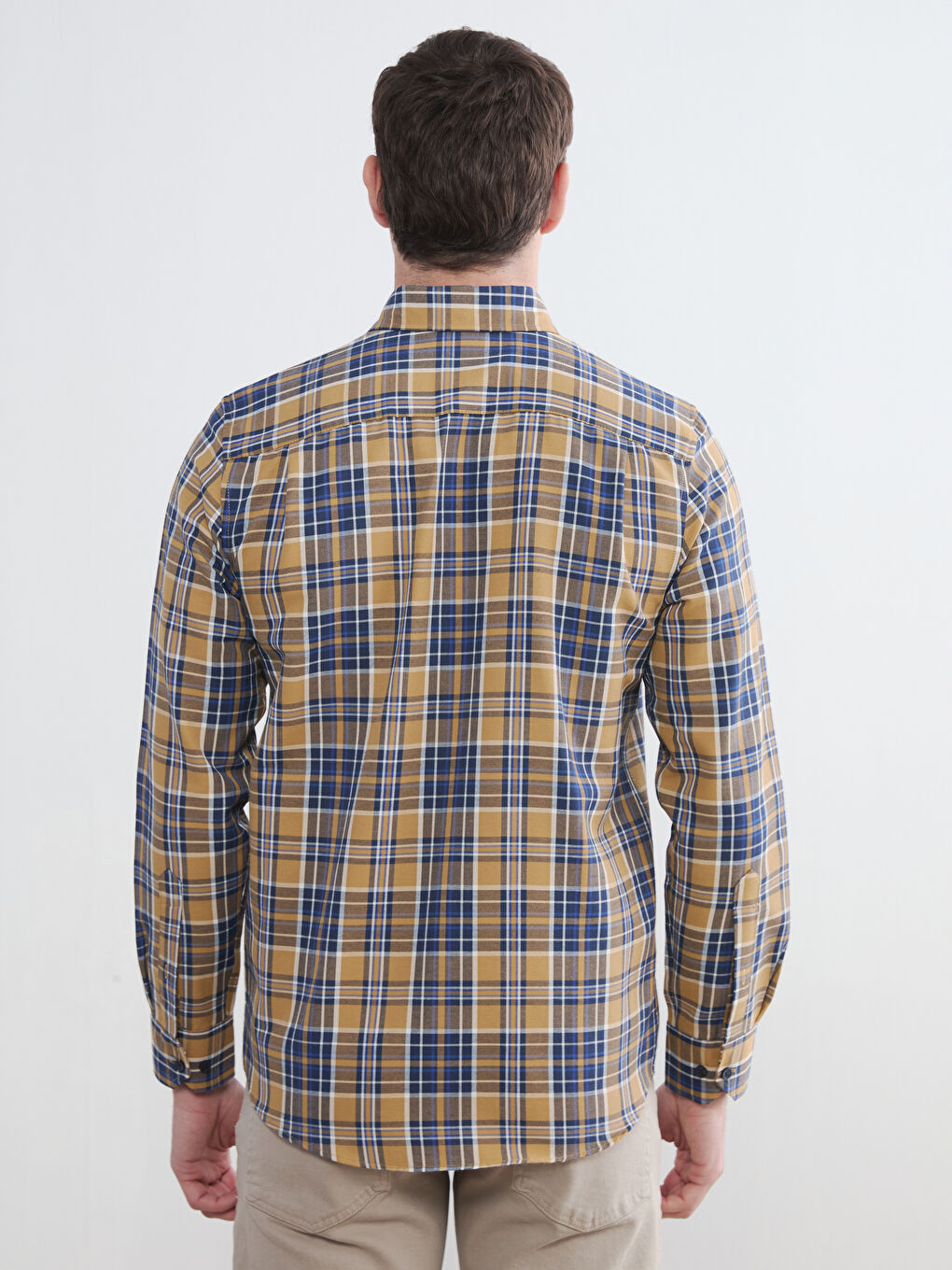 Sarı Regular Fit Ekose Desenli Gabardin Erkek Gömlek	-3