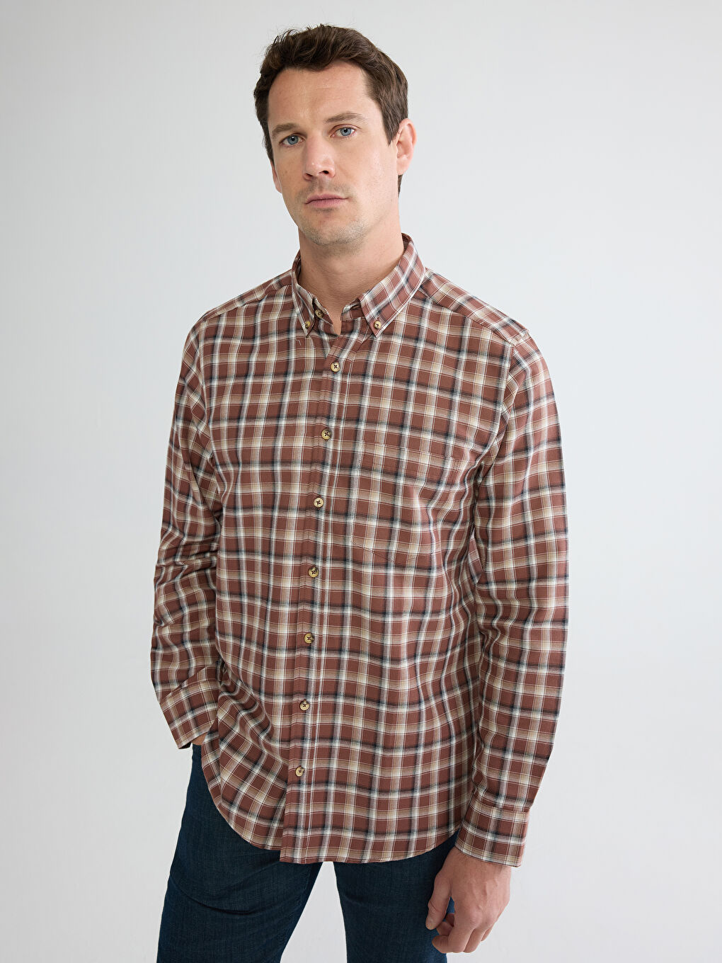 Kahverengi Regular Fit Ekose Erkek Gömlek