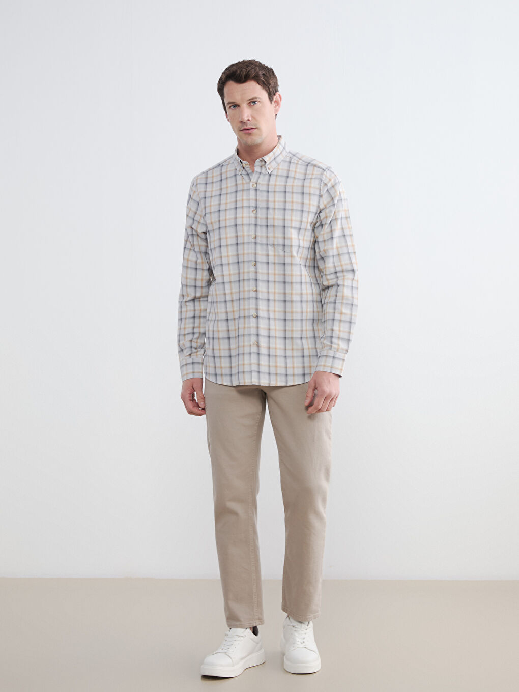 Gri Regular Fit Ekose Erkek Gömlek-1