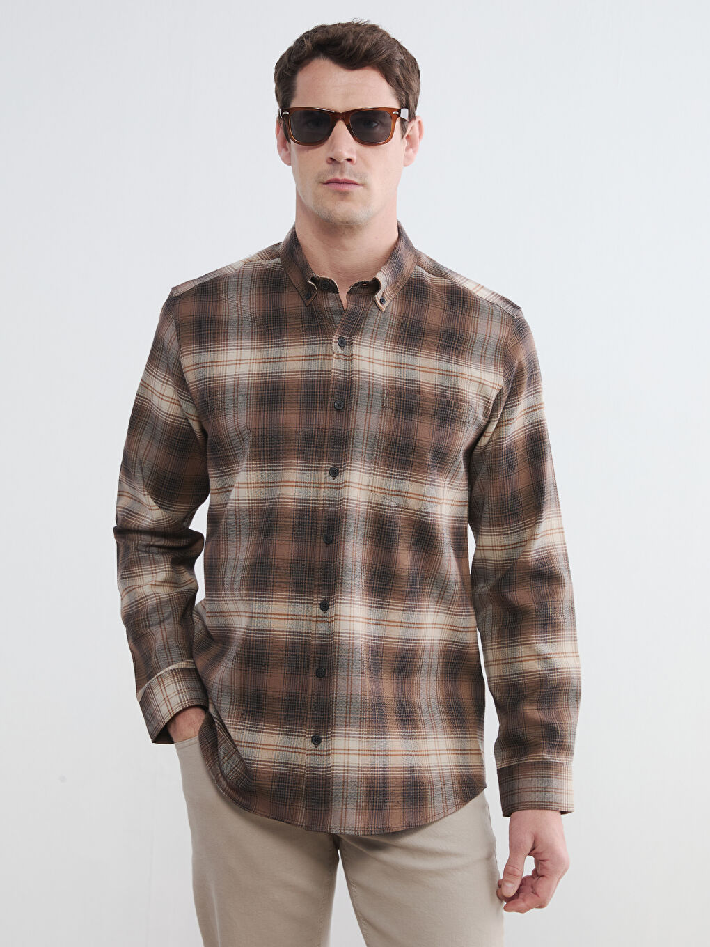 Kahverengi Regular Fit Ekose Erkek Gömlek