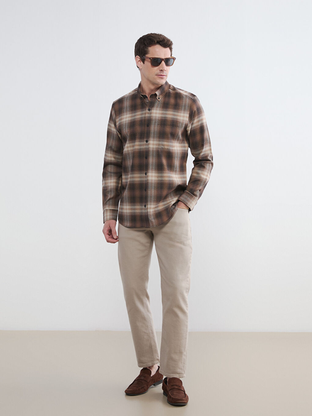 Kahverengi Regular Fit Ekose Erkek Gömlek-2