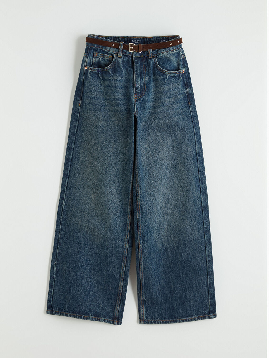 İndigo Beli Kemerli Wideleg Kadın Jean Pantolon