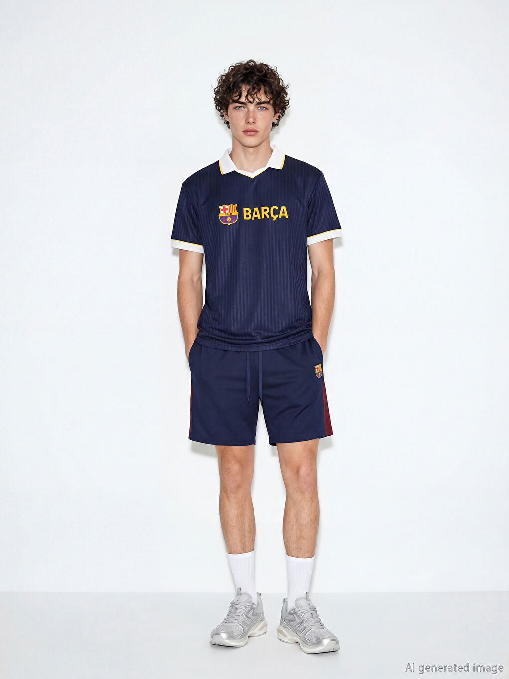 Lacivert Polo Yaka Barcelona Baskılı Erkek Spor Tişört-1