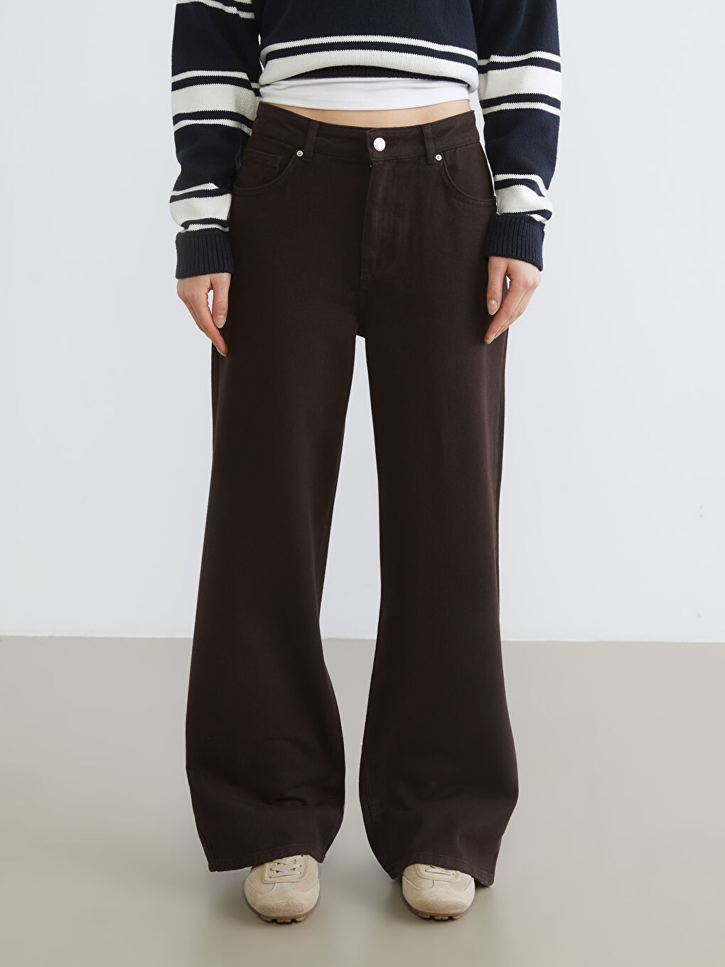 Kahverengi Wideleg Kadın Jean Pantolon-1